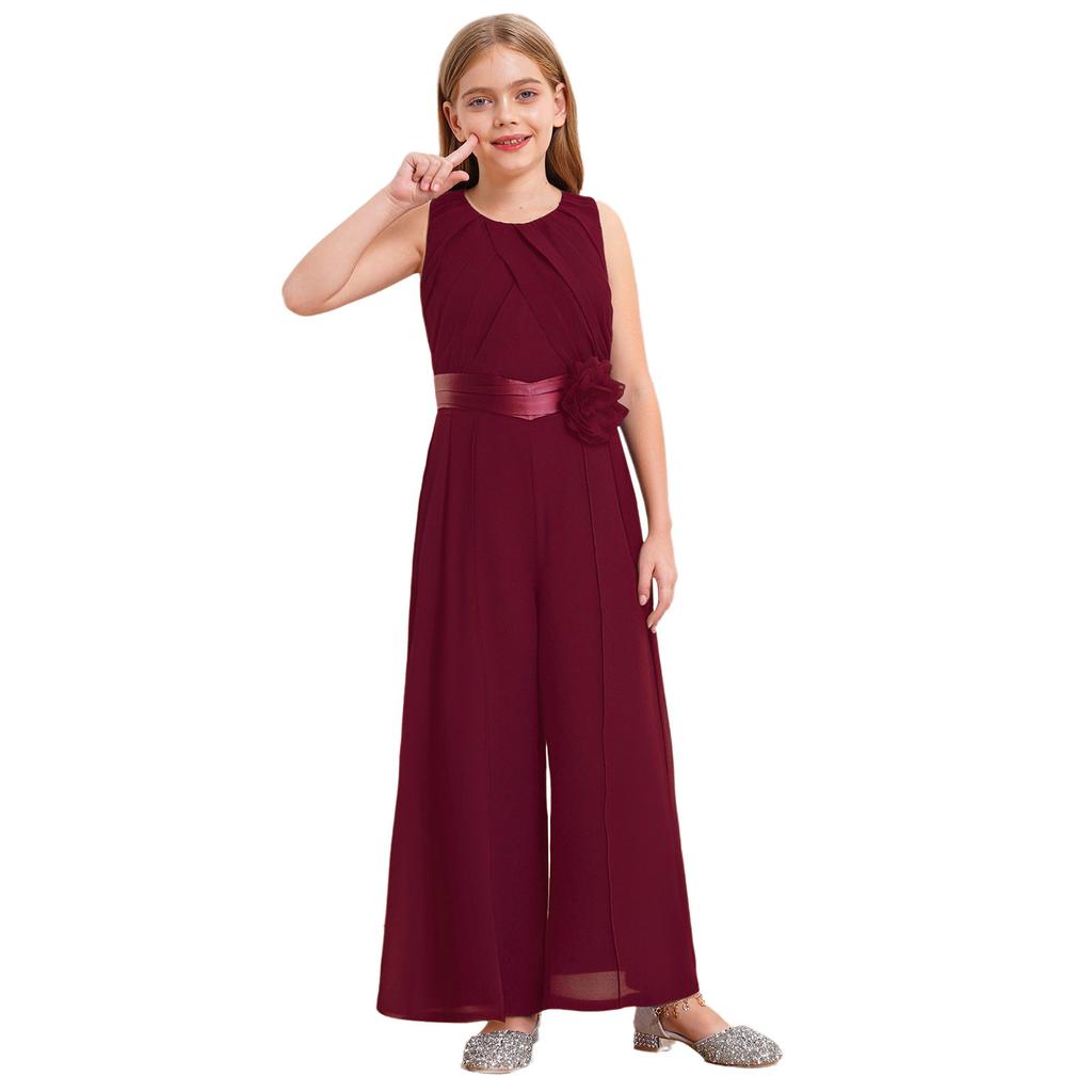 Girls Wedding Guest Jumpsuit: Elegant Sleeveless Chiffon Romper with Detachable Flower & Belt, Perfect for Banquet & Party