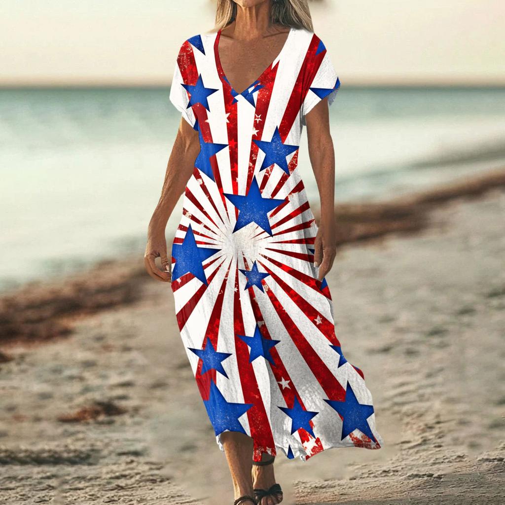 Women’s V Neck Short Sleeve Maxi Dress with Star and Stripe Print Loose Fit Summer Casual Long Dress for Everyday Wear