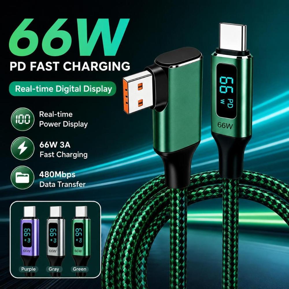 Real-Time Display USB-A to USB-C Cable 66W Fast Charging Digital Display Cable Tablet Charging