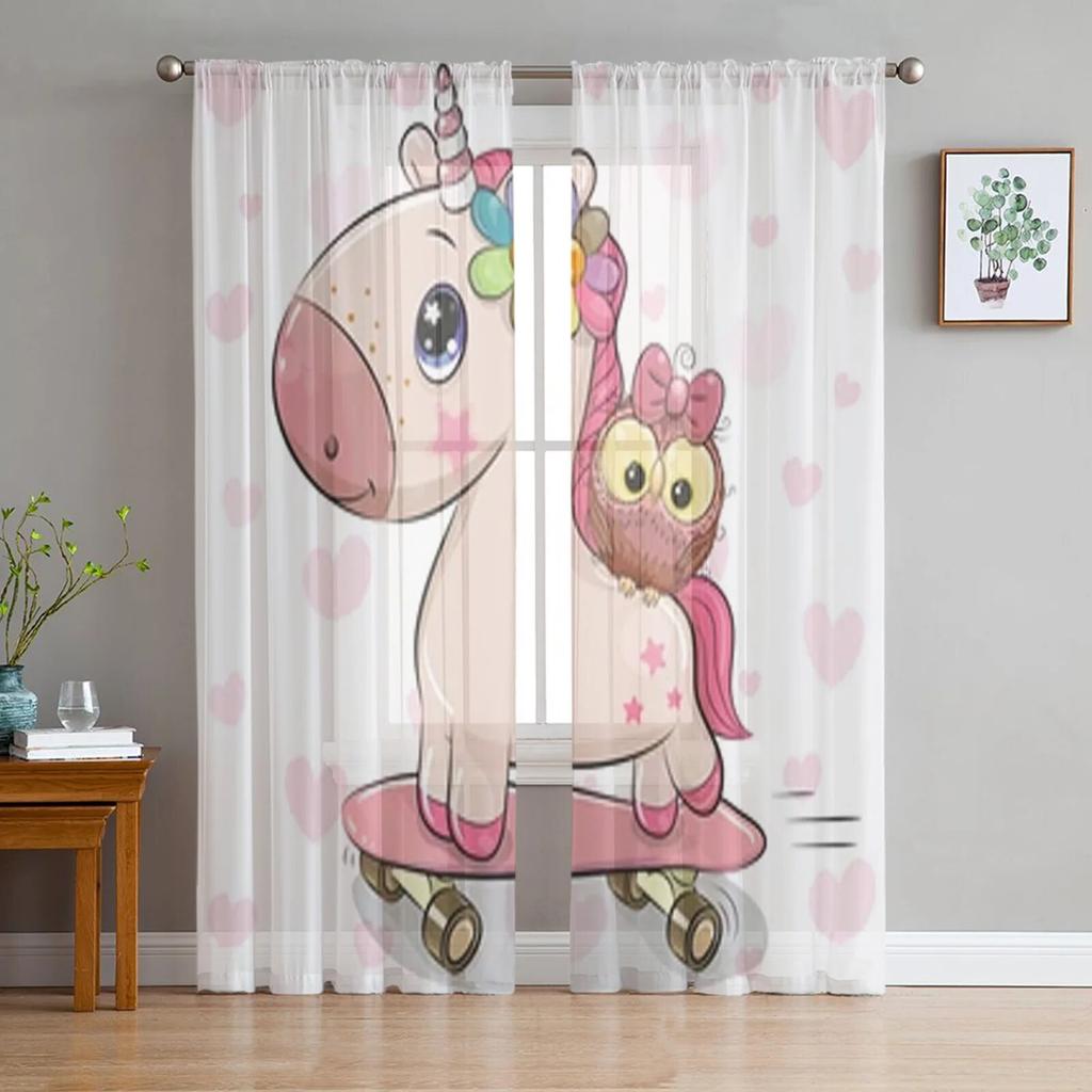 Cute Cartoon Unicorn With Flowers Sheer Curtains For Living Room Kids Bedroom Tulle Curtains Kitchen Window Treatment Drapes