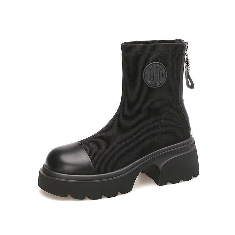 Muffin Thick-soled Martin Boots Women's 2024 Spring and Autumn New Elastic Socks Thin Boots British Style Small Height-increasing Short Boots