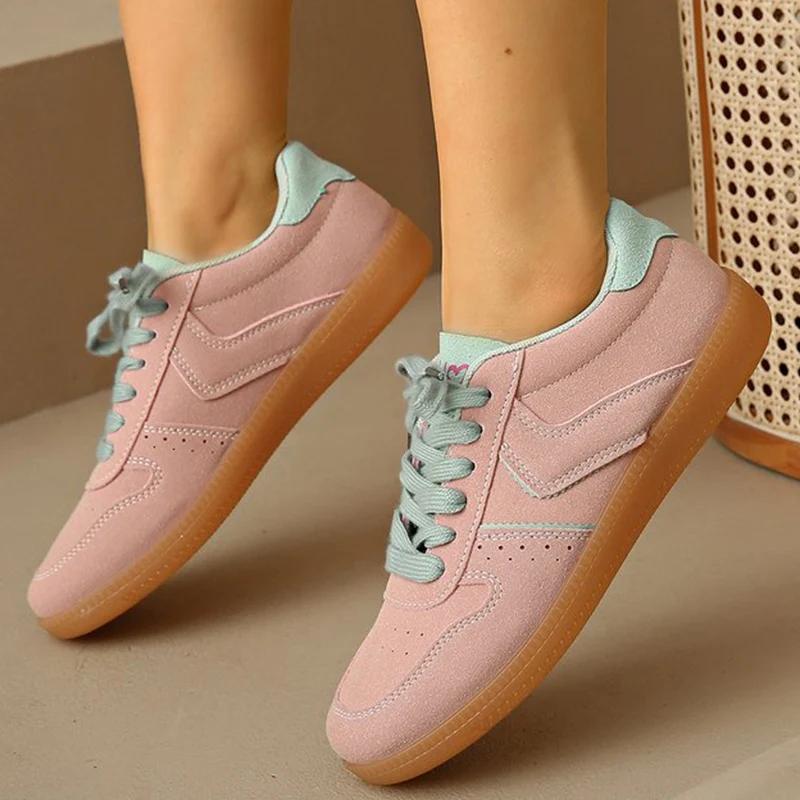 Rosa Schnür-Sportschuhe Damen Frühling Herbst Atmungsaktiv Übergröße 35-44 Sneakers Frau Wildleder Nähen Freizeitschuhe Ballerinas