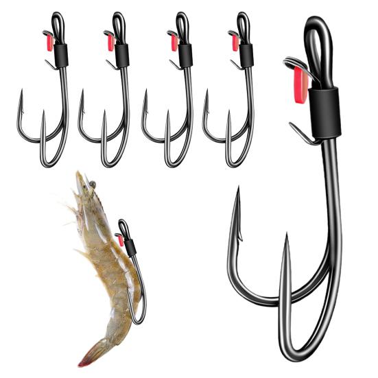 Lot de 5 ou 10 hameçons doubles robustes pour pêche à la crevette vivante, hameçons barbelés pour pêche en eau douce et salée, accessoires de pêche