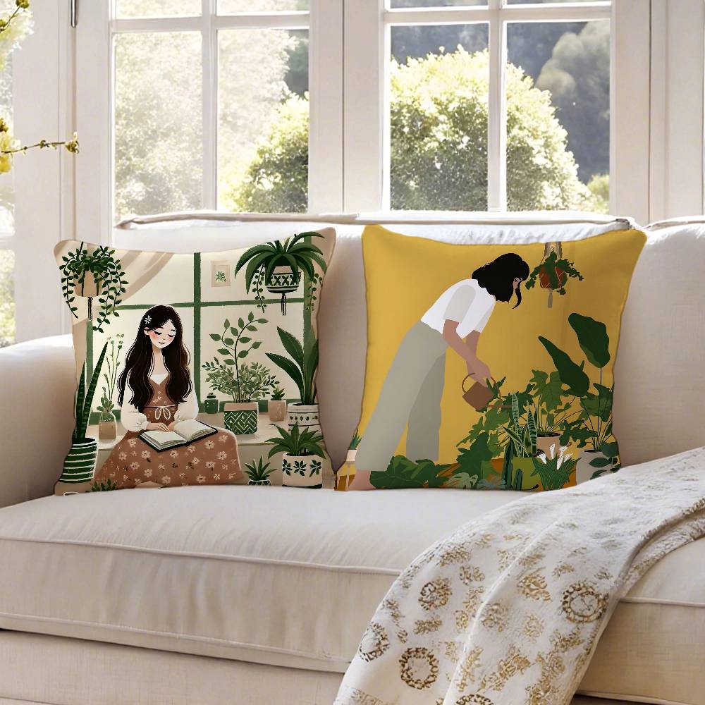 Flowers P-Plant G-Girl Pillow Case Anti-dustmite Pillowcase Invisible Zipper Silky Short Plush Sofa Cushion Cover