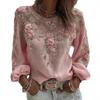 Women Tops Round Neck Long Sleeve Loose Fit Tee Shirt 3D Flower Printing Faux Pearls Decor Pullover Tops Casual Office Wear
