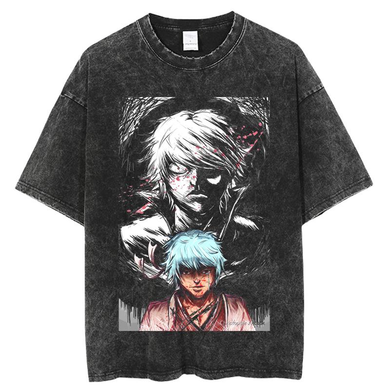 Japanese Anime Gintama T-shirt Sakata Gintoki Graphic Vintage Washed Oversized T Shirt Men's Clothing Polyester Short Sleeve Tees