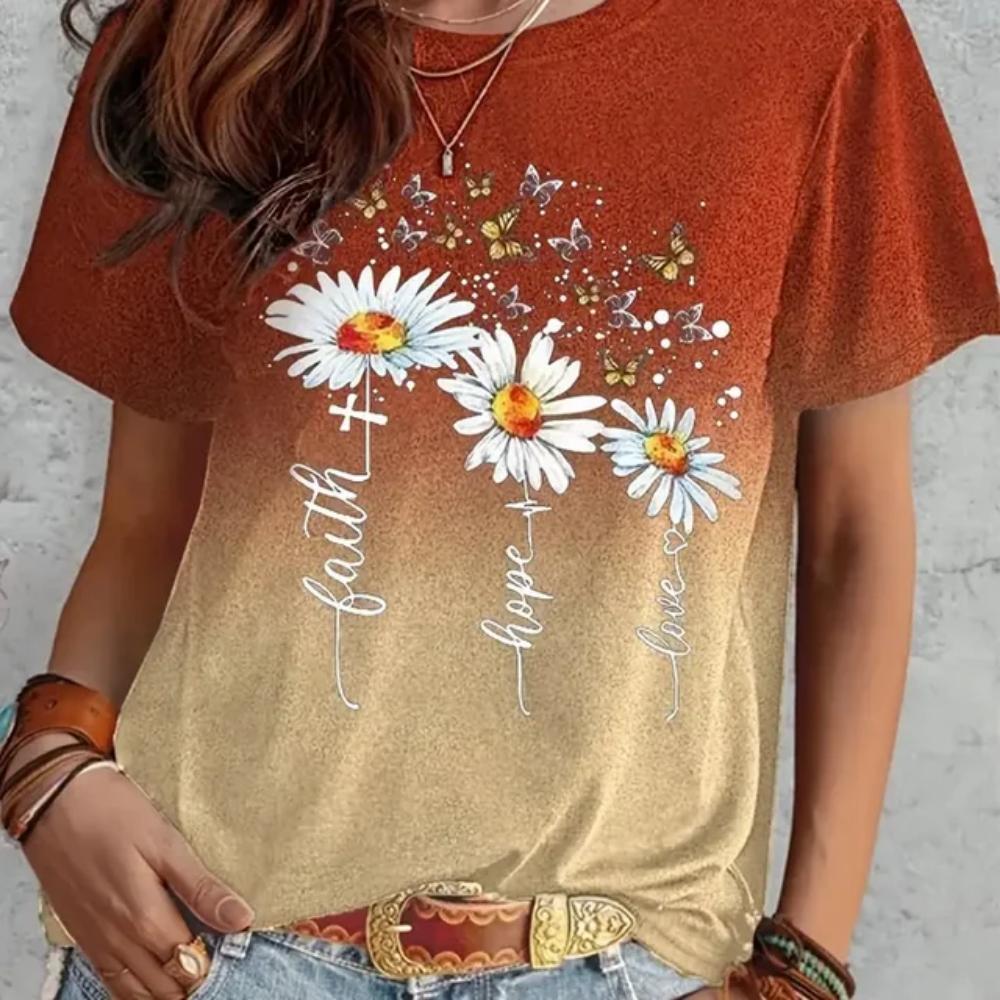Women's New Dandelion Pattern Round Neck Printed Loose Women's Top Y2K Style T-shirt Casual Breathable Fresh Short Sleeves
