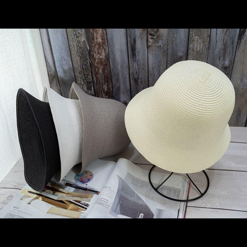Foldable Women Straw Bucket Hat Solid Color Fisherman Hat Outdoor Beach Hat