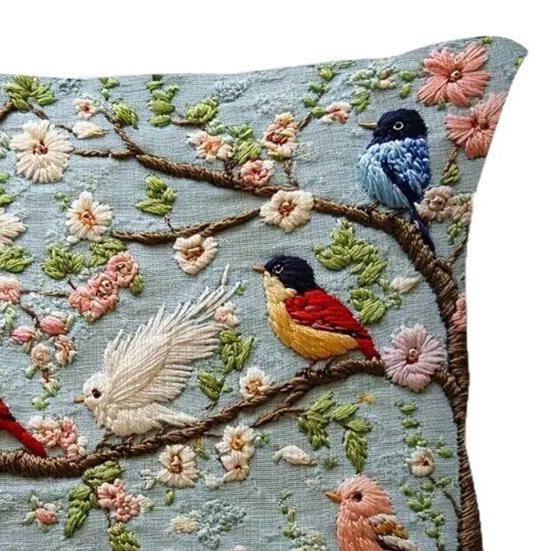 Embroidered Throw Pillow Cover Flower Tree Bird Cushion Cover Decorative Pillow Cover with Zipper for Living Room Sofa Couch Bed