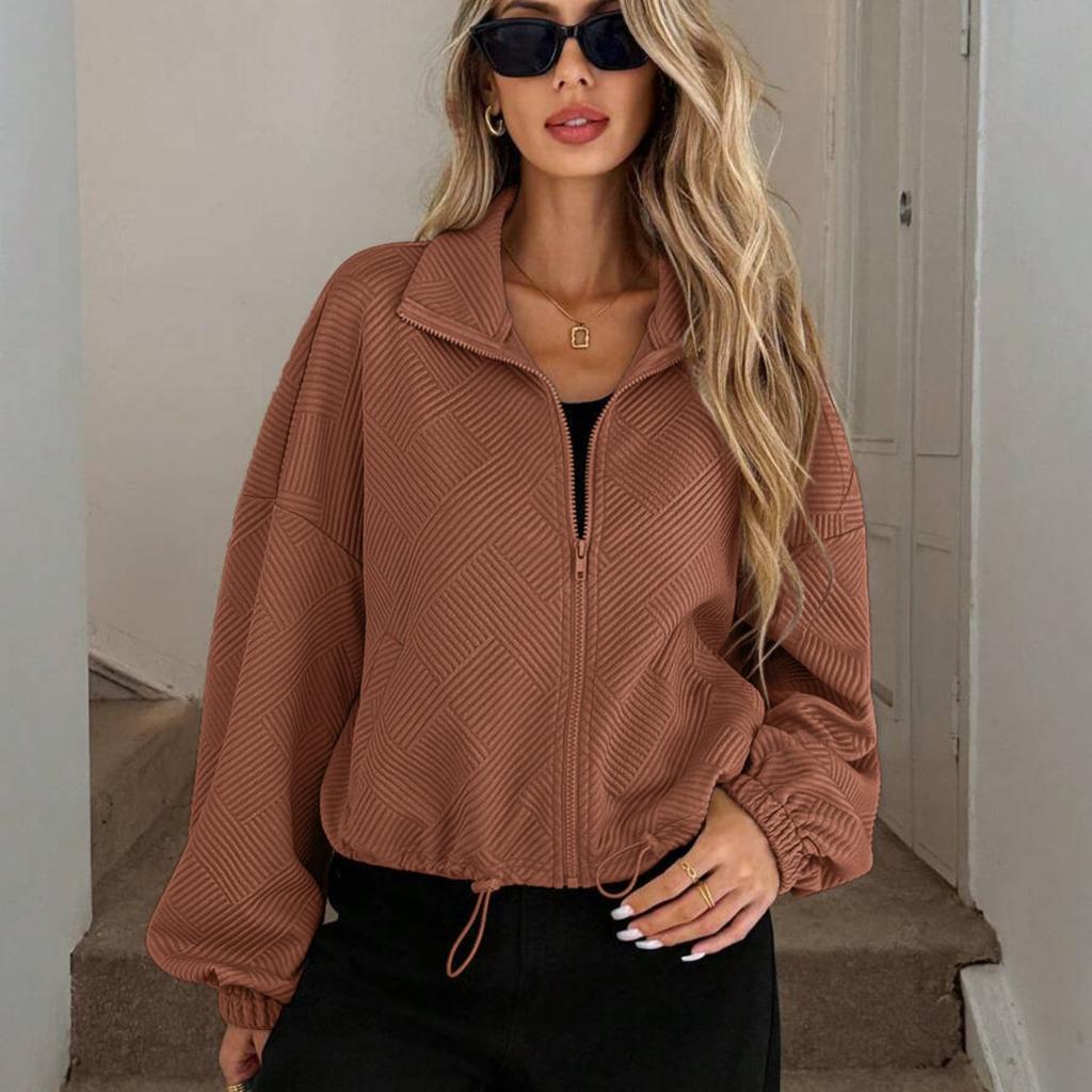 High Neck Zipper Jacket, Drawstring Hem, Pockets, Women's, Loose Fit, Baseball Jacket