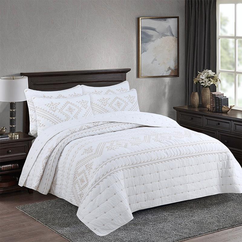 American-Style Quilted Cotton Bedspread Set - 3-Piece Washed Solid Color Bedding