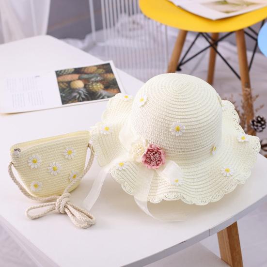 Marguerite Dress Up Bow Wide Brim Girl Straw Sunhat Purse Hat Bag Set for Outdoor