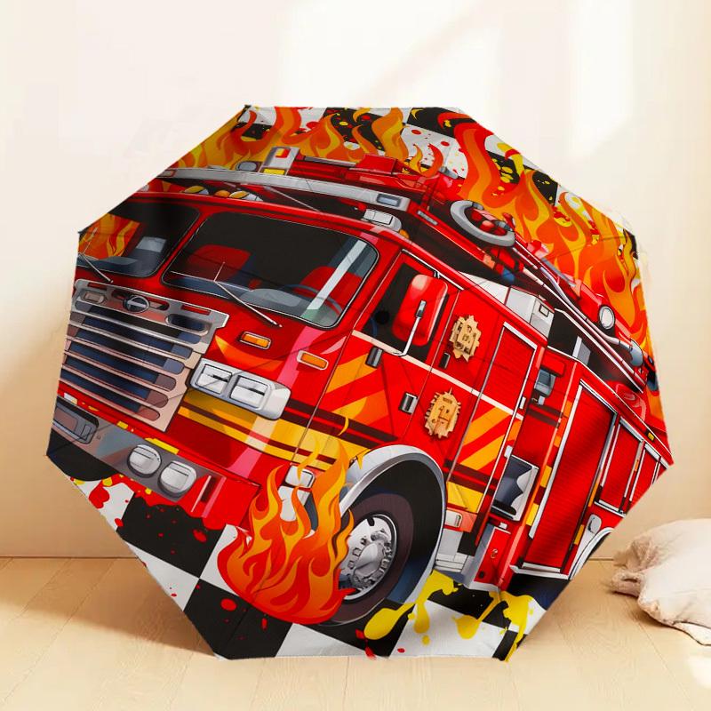 1pc Firetruck Flames Pattern Umbrella Design Automatic Opening and Closing Umbrella, High-quality Travel Umbrella, C1128234