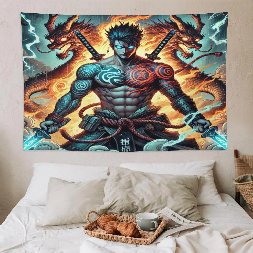 Samurai Dragon Warrior Tapestry Epic Anime Wall Art Perfect Your Bedroom or Living Room Decor Featuring Mythical Dragon Design