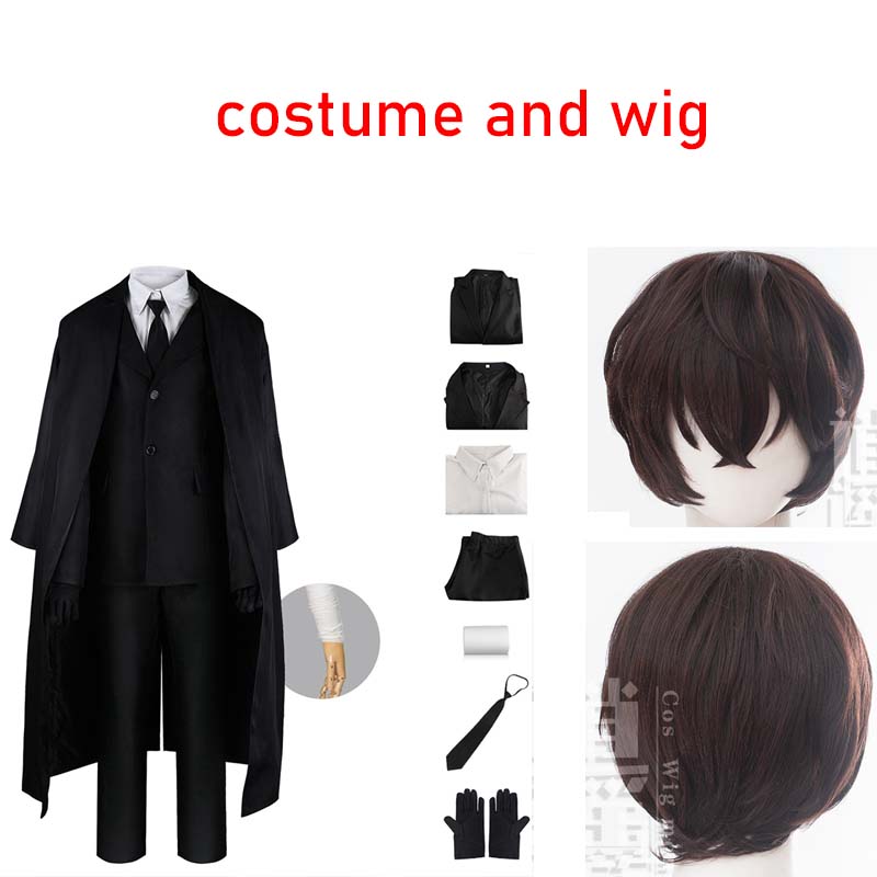 Men Black Suit Outfit Long Trench Coat Vest Shirt Tie Gloves Full Set Halloween Carnival Party Cosplay Costume for Adult Men