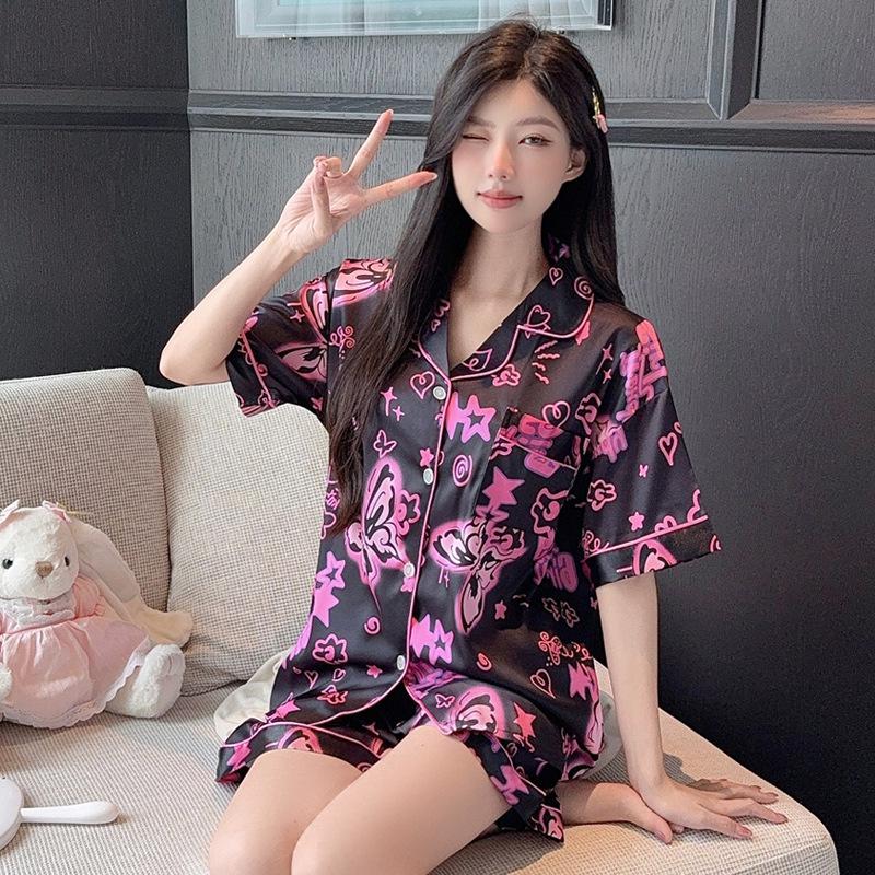 Ice Silk Summer Thin Short-Sleeved Two-Piece Set Girl Pajamas French Bow Pony Printed Loungewear Can Be Worn Outside