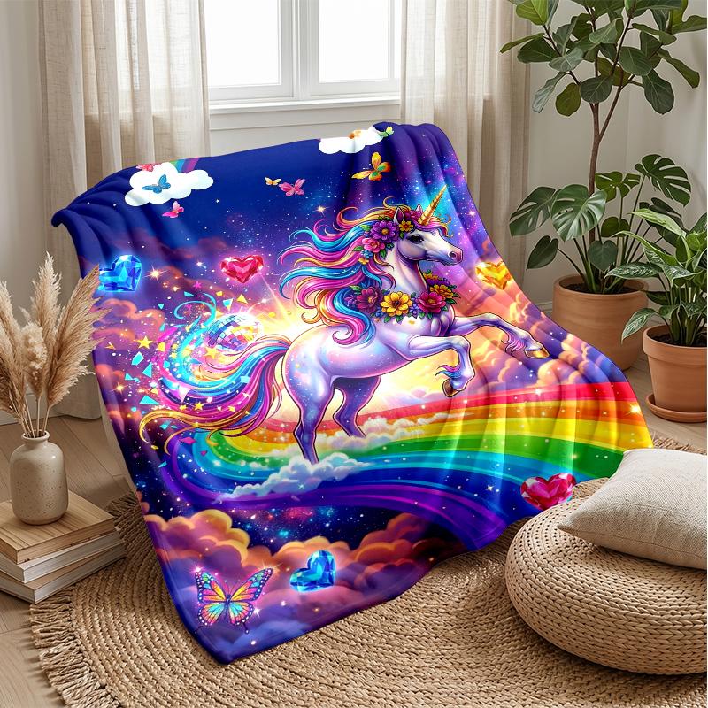 Rainbow Unicorn Fantasy Theme Blanket Lightweight Warm Flannel Blanket Decorative Throw Blanket for Home Decoration
