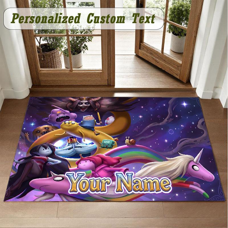Crystal Velvet Square Rug Custom NameAdventure Time Cartoon Pattern Non Slip Home Floor Decor Rug