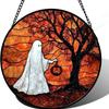 Stained Glass Halloween Pumpkin Suncatcher Cute Ghost Design For Halloween Party Window Hanging Decor