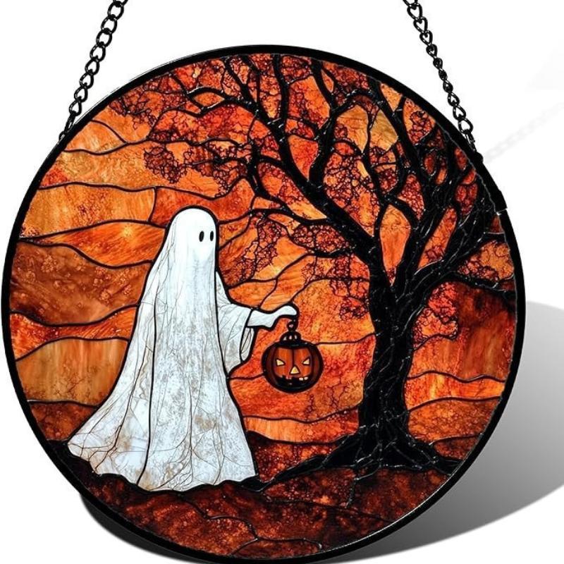 Stained Glass Halloween Pumpkin Suncatcher Cute Ghost Design For Halloween Party Window Hanging Decor