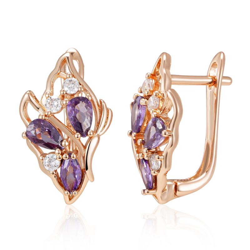 Hollow Purple Zircon Flower Drop Earrings for Women Gold Color Vintage Jewelry Ethnic Wedding Accessories