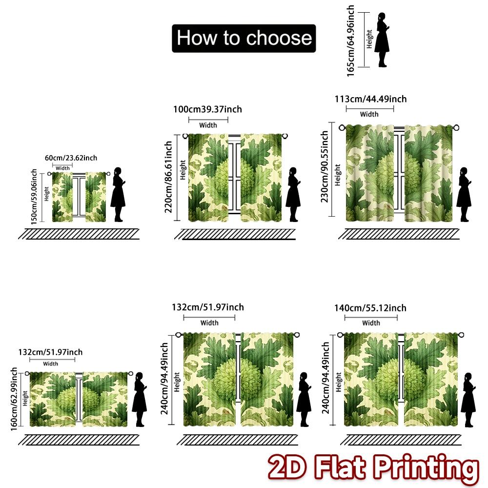 2D FLAT PRINTING 2pcs Curtains (Without Rod) Floral Green Motif Holiday Easter Printed Curtains Yarn Curtains Holiday Use for