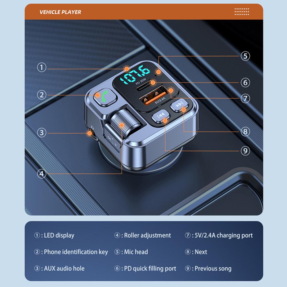 Bluetooth 5.1 Car FM Transmitter 30W PD USB Fast Charger Adapter Car MP3 Stereo Music Player Handsfree 3.5mm Aux Wireless Car Kit