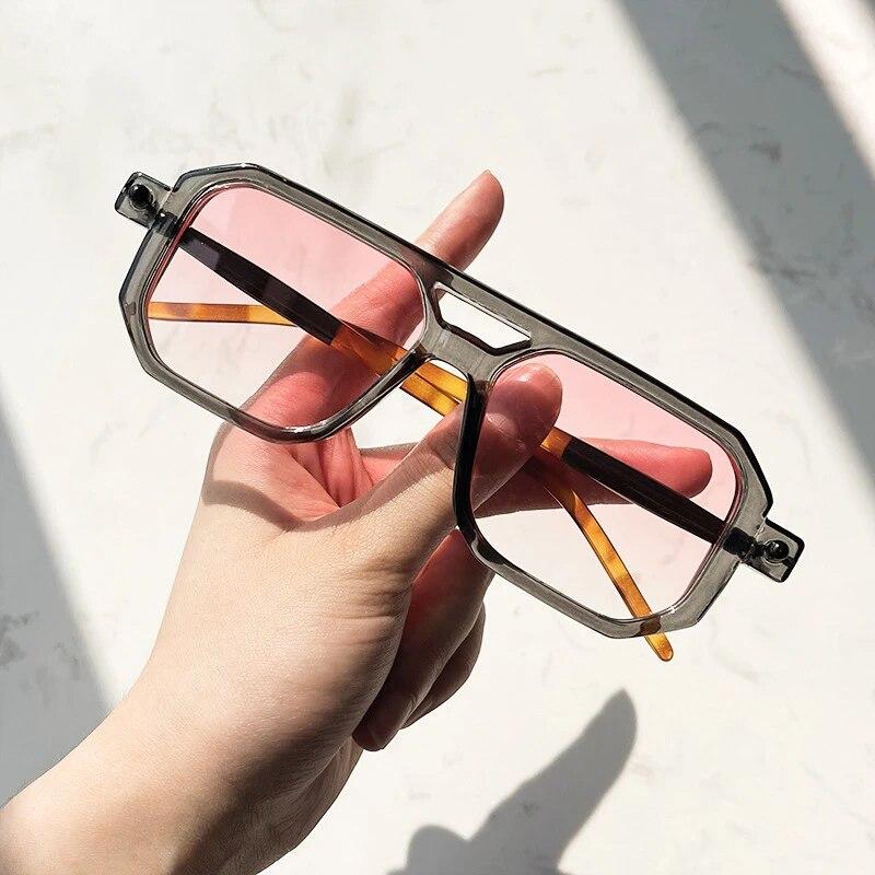 Vintage Square Sunglasses for Men Fashion 2023 Retro Double Bridge Male Sun Glasses Eyewear Hollow Trendy  Design Shades