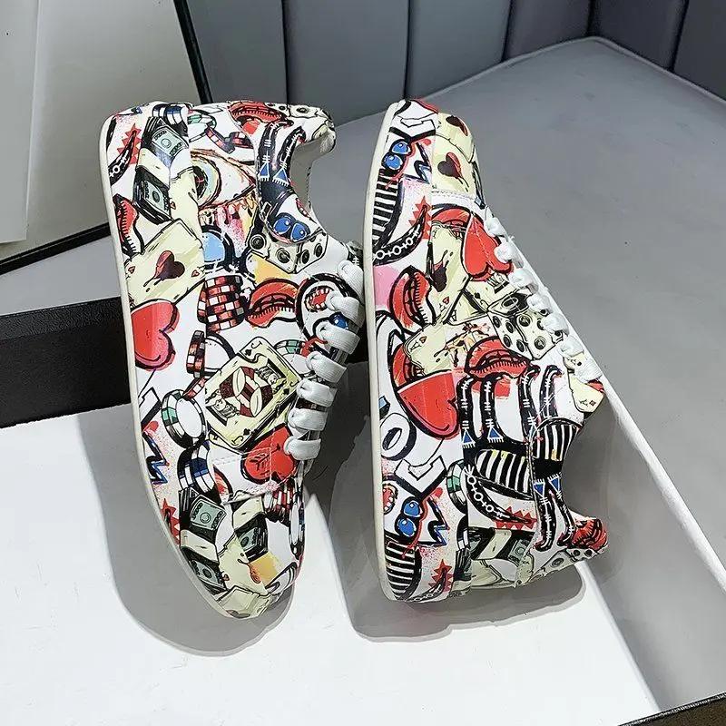 Pantofi sport pentru femei, cu talpă groasă, pentru femei, pantofi albi cu graffiti, pictați manual pentru femei, pantofi casual în aer liber
