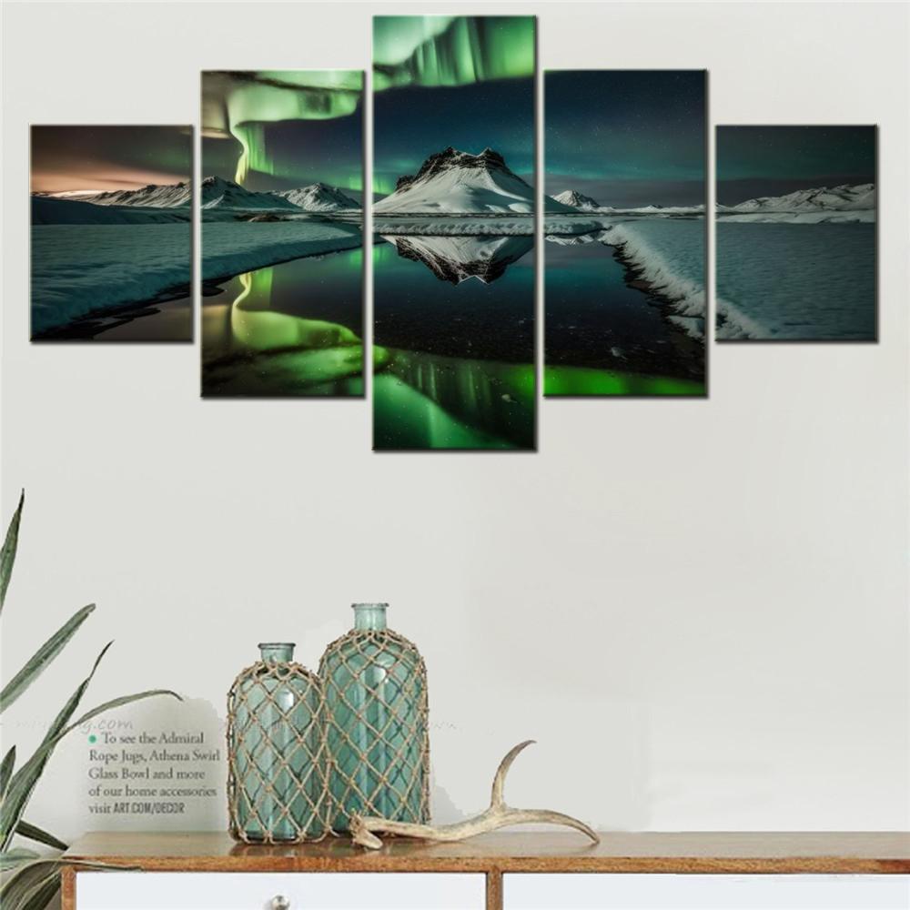 5 Pièces Toile Art Mural Affiche Peinture Nature Aurore Boréale Hiver Papier Peint Décoration Intérieure Impression d'Image Œuvre Murale