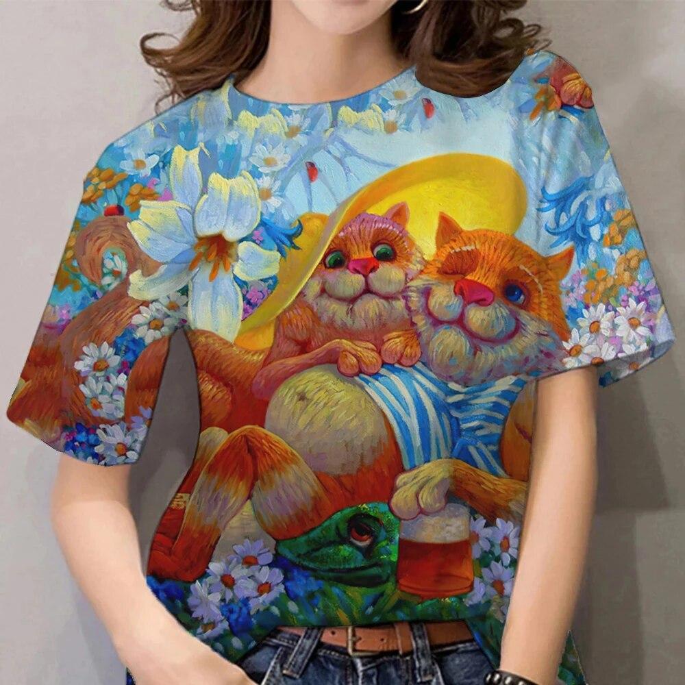 Women's 3D Cat Pattern Summer T-shirt Kawai Short Sleeve Top Fashion Animal T-shirt Large Designer Casual Wear