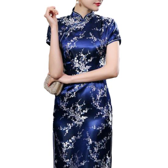 Women Dress Chinese National Style Floral Embroidery Stand Collar Short Sleeves High