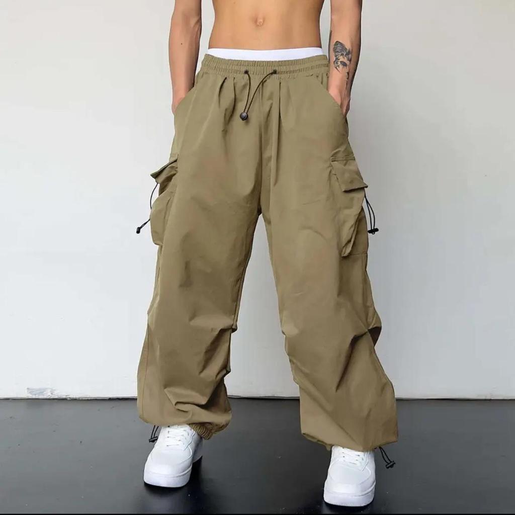 Men's Casual Cargo Pants Fashion Streetwear Classic Man Straight Wide-leg Pants Drawstring Workwear Trendy Loose Cargo Trousers