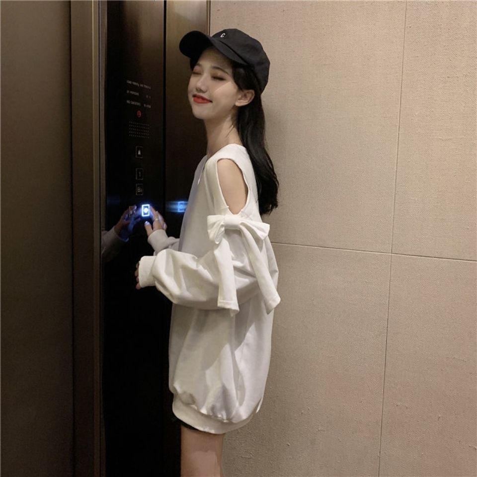Sweet Bow Off Shoulder Sweatshirts Women Long Sleeve Casual Loose Korean Tops V Neck Hollow Out Design Sweatshirts
