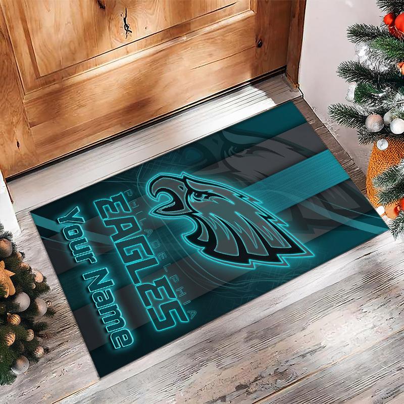 Philadelphia Eagles Crystal Velvet Rug, Custom Name Text Personalized Non‑Slip Floor Mat for Home Decor Gift
