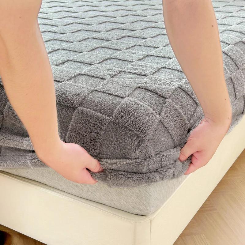3PC(1XSheet+1XPillowcase)Winter Warm Fitted Bed Sheet Taff Velvet Fleece Bed Linen Single/Double/King/Queen Size Plush Mattress Cover Thick Bed Cover