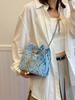 Style Solid Color Plaid Vintage Denim Crossbody Bag Pull Rope Open and Close Suitable for Women's Daily Travel-ll