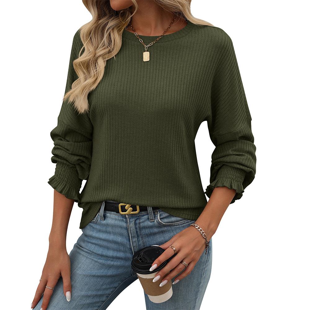 YYFS Women's Fashion Casual Spring Fall Solid Color Print Long Sleeve O-Neck Blouses & Shirts