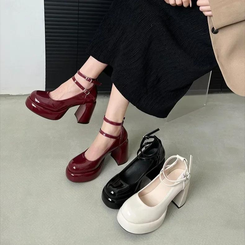 Modne buty damskie na platformie Mary Jane Moda Eleganckie buty z podwójną klamrą Gruby obcas Damskie buty na obcasie Buty na imprezę