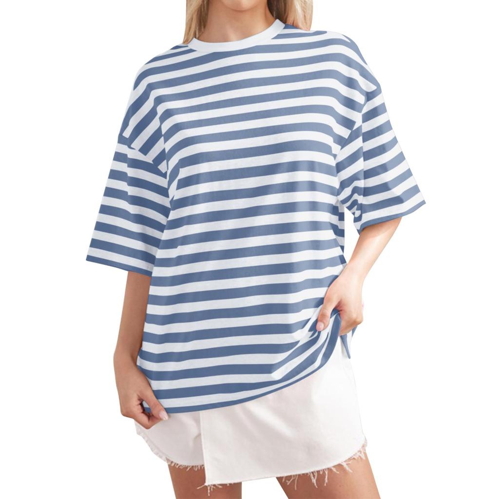 Women's Large Striped Color Blocking Short Sleeved Round Neck Sports Shirt Casual Loose Pullover Top