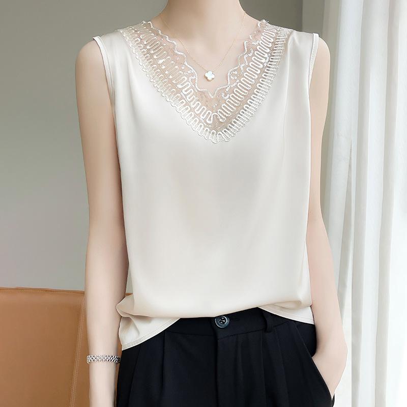 Lace Flower V-neck Satin Vest Suspender for Women Slimming Acetate Solid Color Summer New Arrival Base Sleeveless Top
