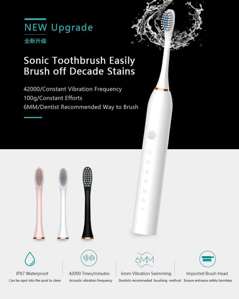 Adult Sonic Electric Toothbrush Ultrasonic Automatic USB Rechargeable IPX7 Waterproof Toothbrush Replaceable Tooth Brush Head