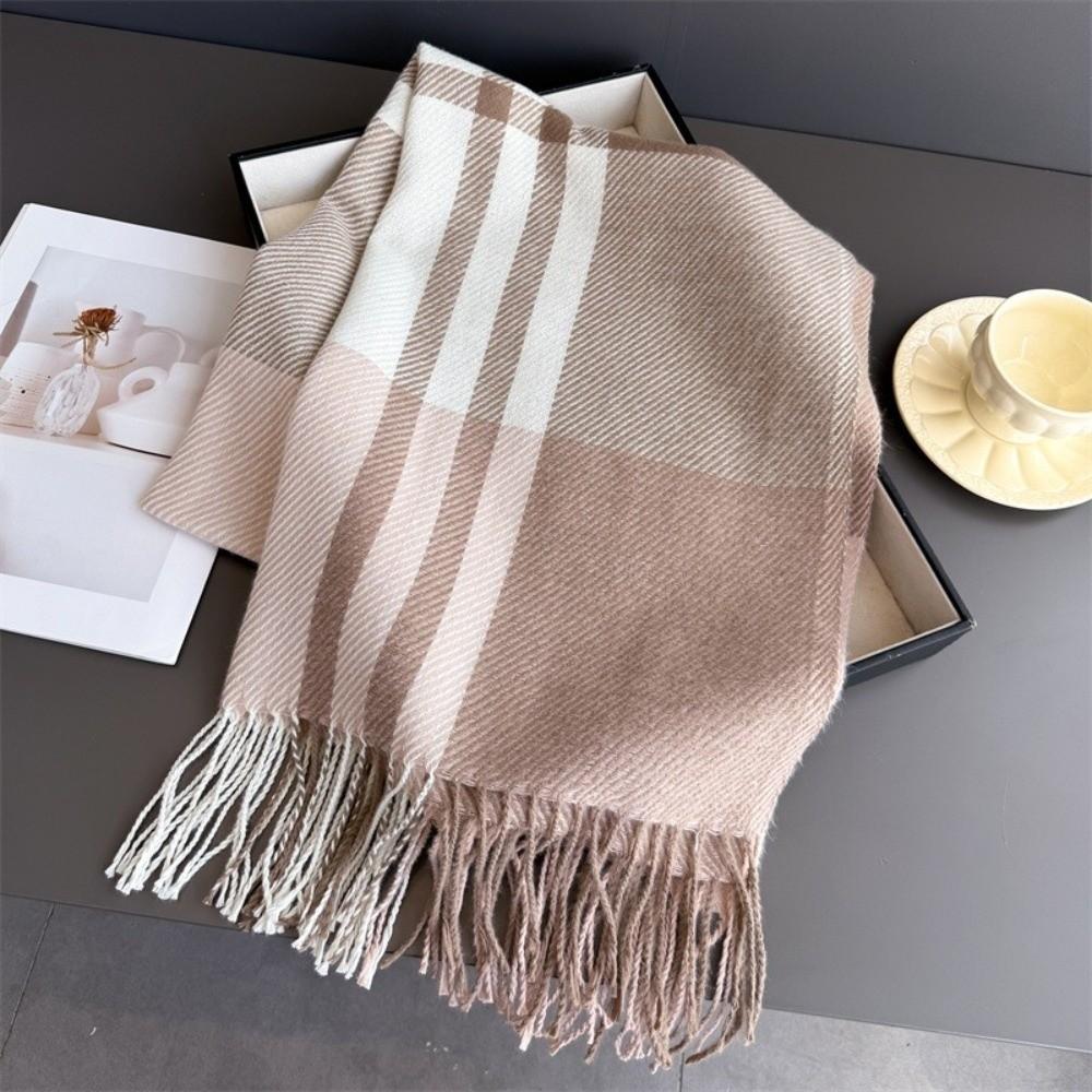 Tassel Checkered Scarf Imitation Wool Texture Wool Texture Scarf Fashionable Warm Scarf Women