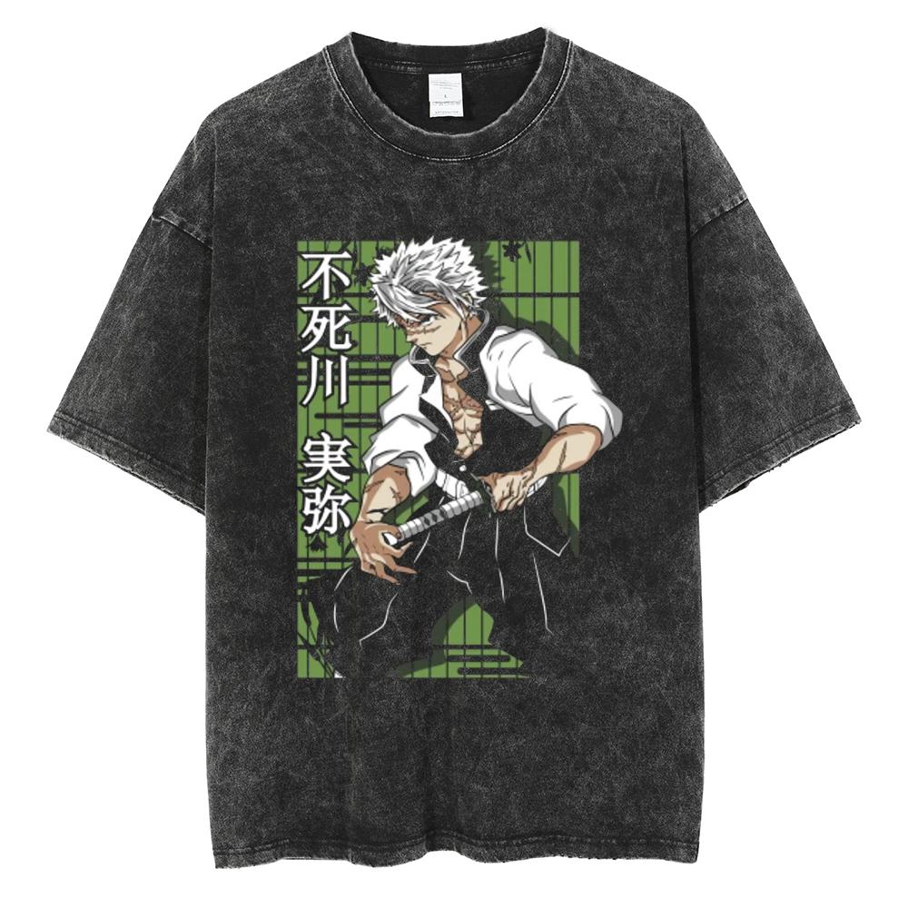 Anime Demon Slayer Rengoku Kyoujurou Print T Shirt Men Women Washed Cotton Tshirts Manga Tee Harajuku Male Casual Loose T-shirt