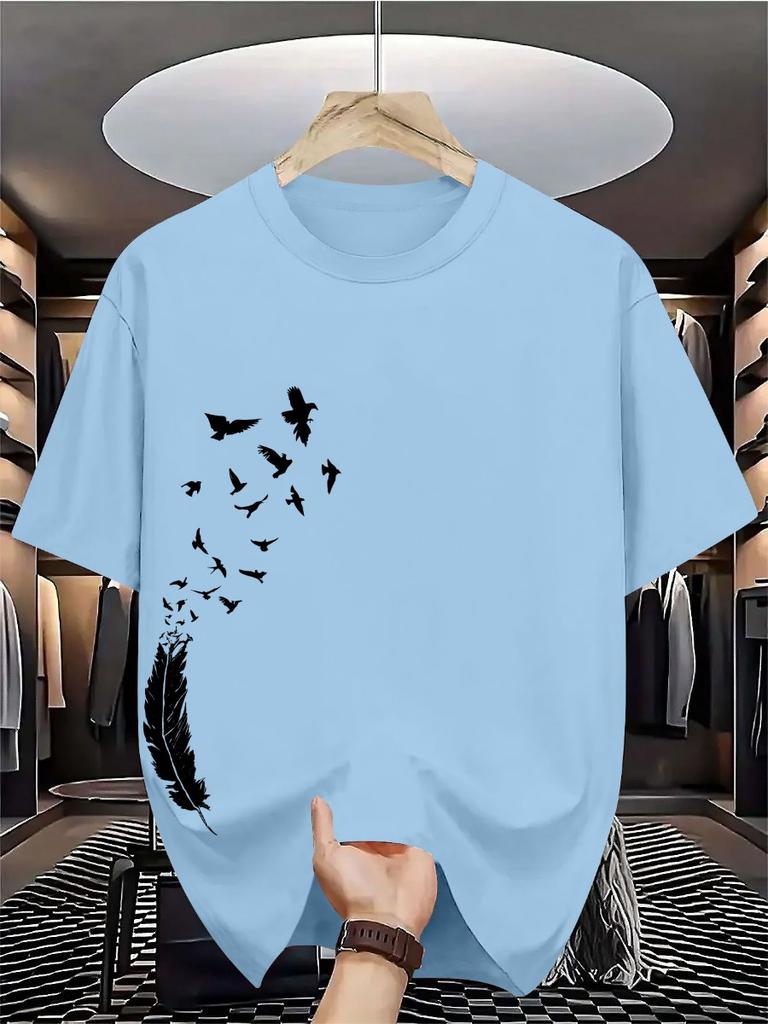Men's Summer Casual Loose Fashion Creative Bird Pattern Print Crew Neck T-Shirt