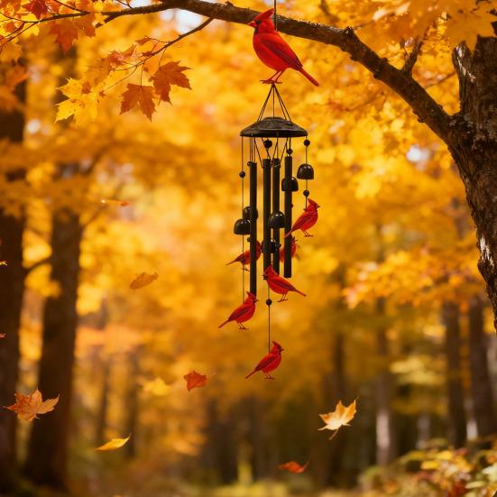 Red Bird Wind Chime with 4 Tubes Weather-resistant Vintage Indoor Outdoor