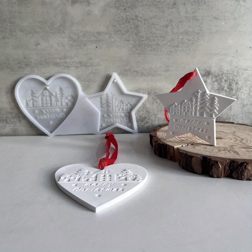 Christmas Silicone Mold Set Heart, Pentagram, House & Tree Designs for Festive Pendants and Decorative Plaster Crafts