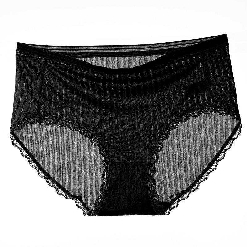 Underwear Women Sexy Ice Silk Transparent Lace Mid Waist Panties Breathable Antibacterial Bottom Crotch Briefs Plus Size Women