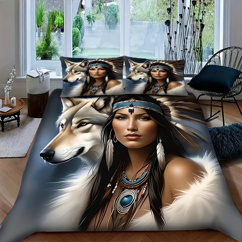 Wolf Feather Design Showcase the Dynamic Wildness Natural Elements Combined Theme Pattern Bedding Set 3D Print Duvet Cover Set