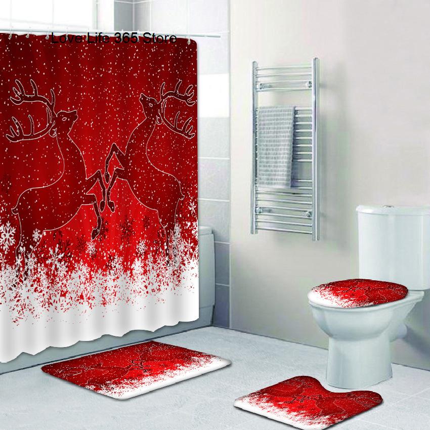 Yeni Noel Ağacı 3D Baskı Duş Perdesi Polyester Su Geçirmez Kırmızı Çan Zemin Mat Tuvalet Seti Banyo Aksesuarları Küf Geçirmez